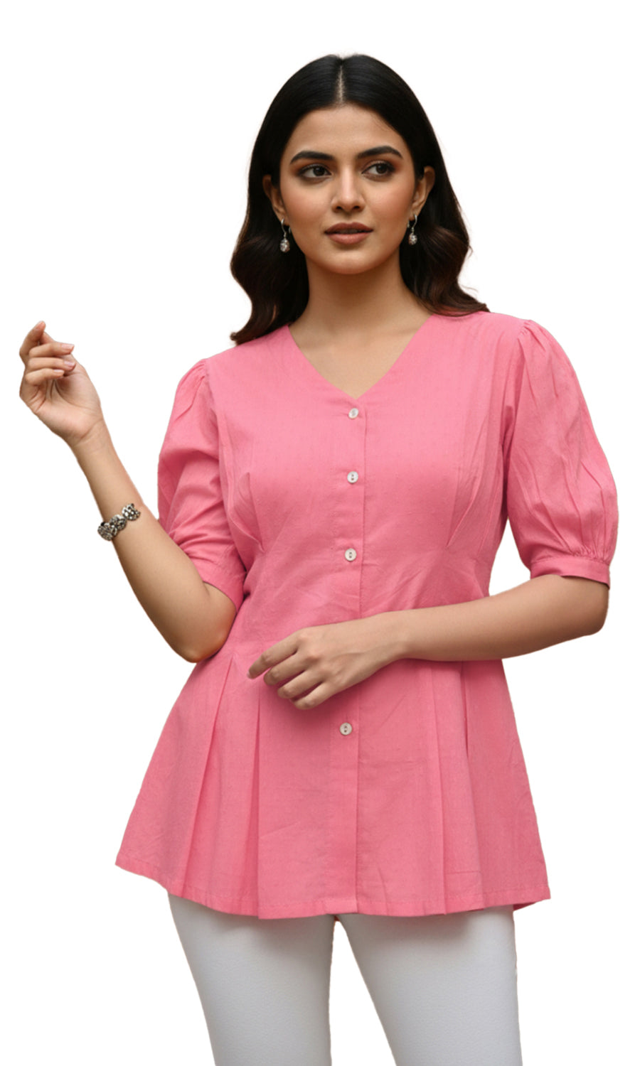 Women’s Peach Cotton V-Neck Peplum Tunic Top