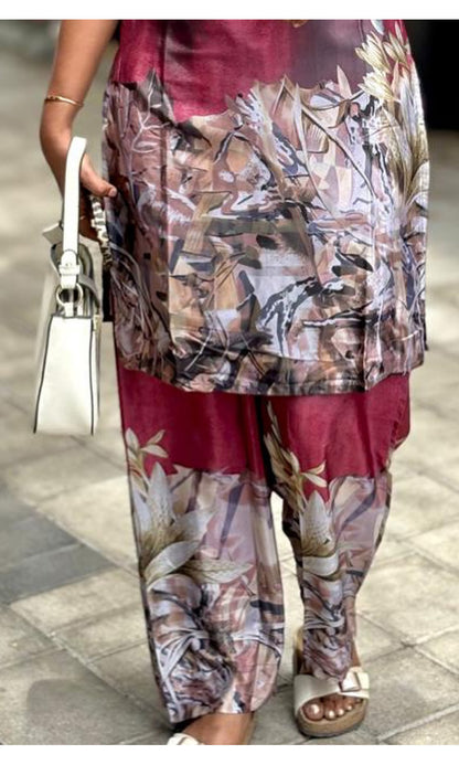 Maroon Printed Cotton Blend Kurta Set for Women