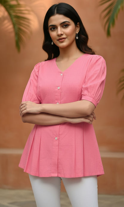 Women’s Peach Cotton V-Neck Peplum Tunic Top