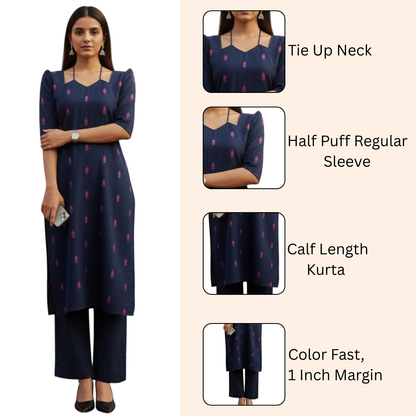 Women Navy Blue Printed Cotton Kurta Set