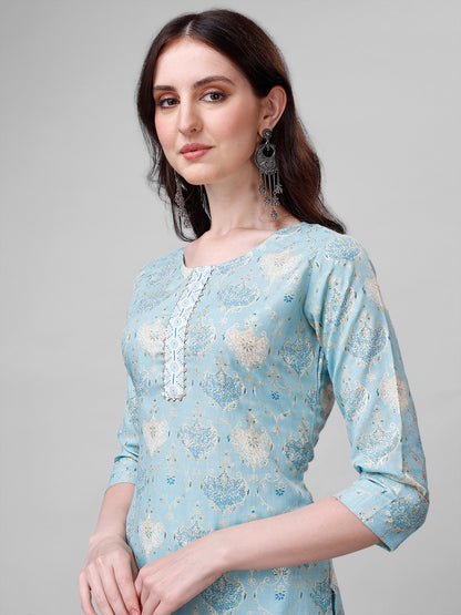 Cotton blend foil print kurta set with dupatta