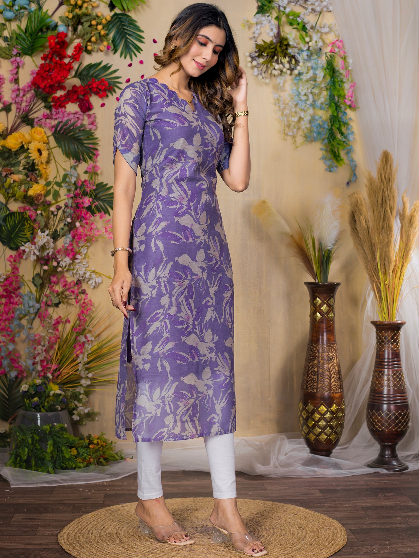 Chanderi Floral Printed Calf Length Kurta For Women KT29_Purple
