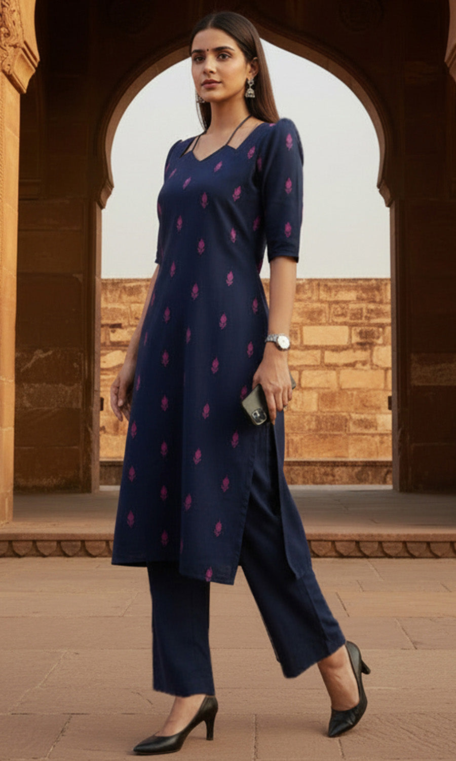 Women Navy Blue Printed Cotton Kurta Set