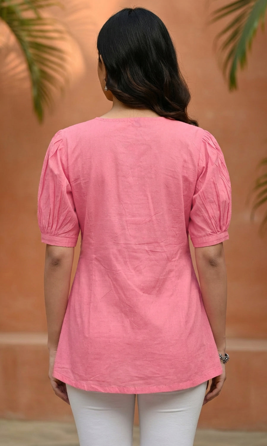 Women’s Peach Cotton V-Neck Peplum Tunic Top