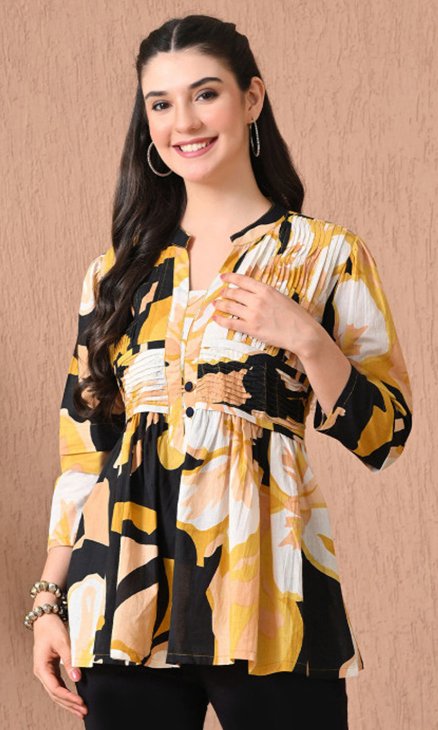 Women’s Cotton Abstract Printed Pleated Yoke Top