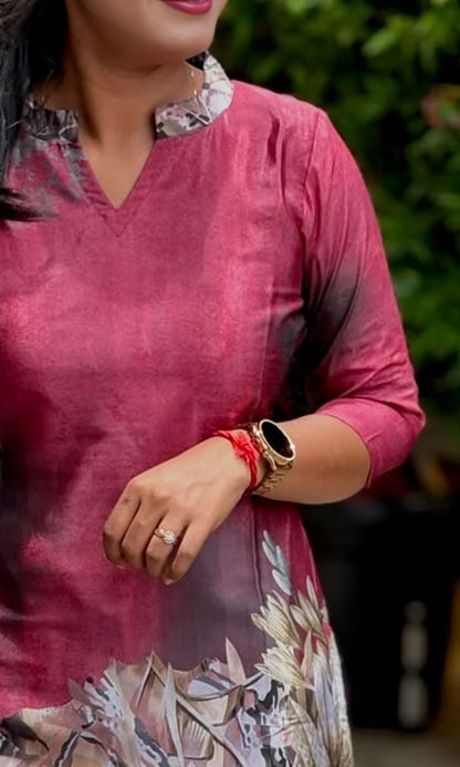 Maroon Printed Cotton Blend Kurta Set for Women