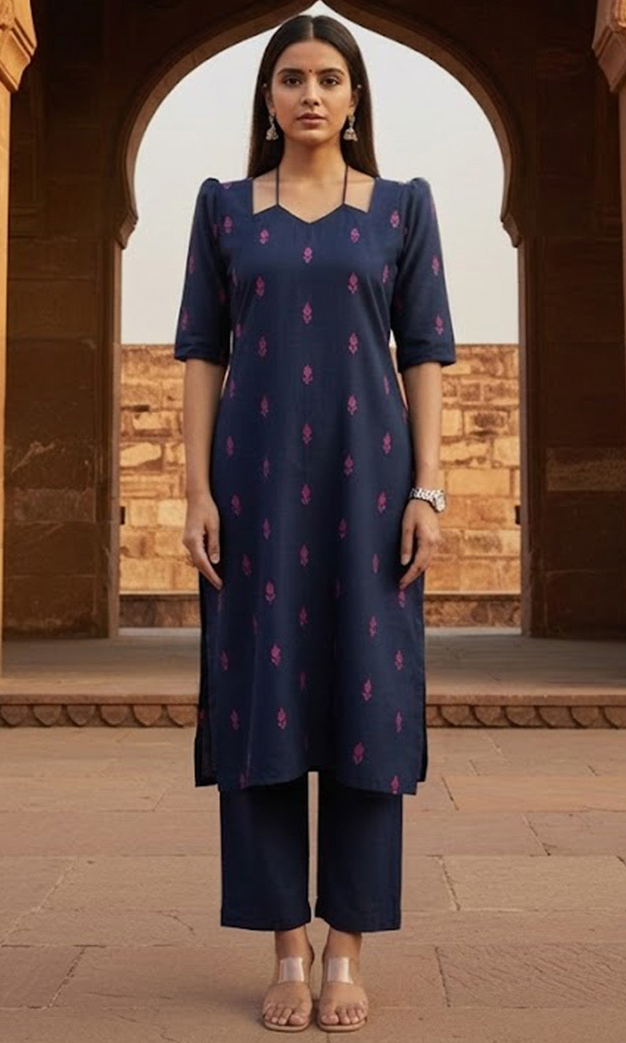 Women Navy Blue Printed Cotton Kurta Set