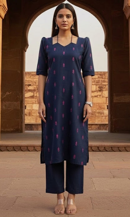 Women Navy Blue Printed Cotton Kurta Set
