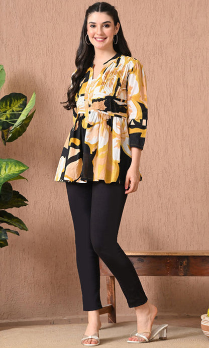 Women’s Cotton Abstract Printed Pleated Yoke Top