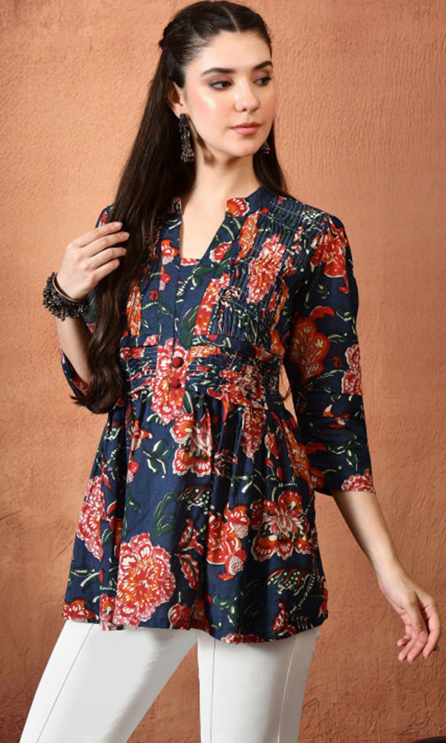 Women’s Cotton Floral Printed V-Neck Pleated Tunic Top