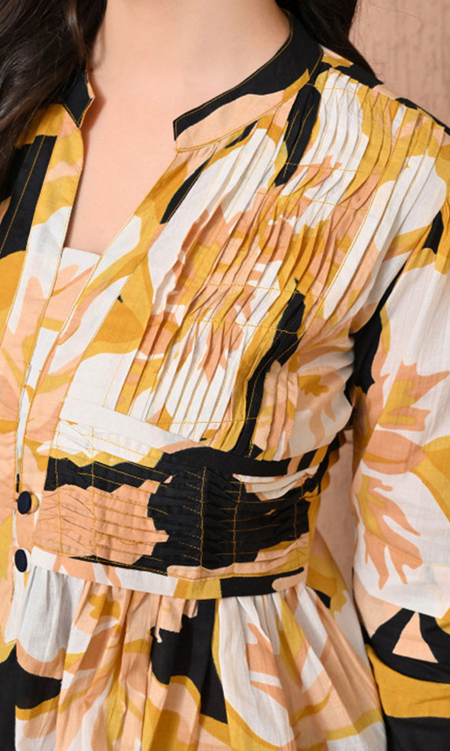 Women’s Cotton Abstract Printed Pleated Yoke Top