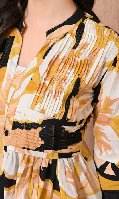 Women’s Cotton Abstract Printed Pleated Yoke Top