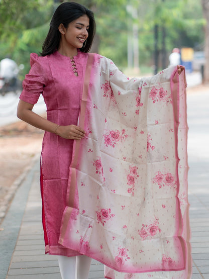 Women’s Chanderi Straight Kurti with Printed Organza Dupatta