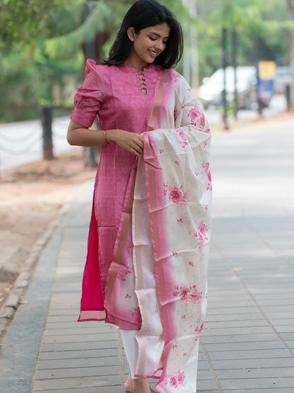 Women’s Chanderi Straight Kurti with Printed Organza Dupatta