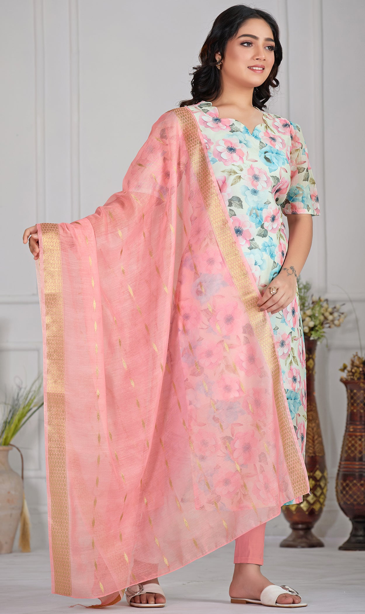 Women’s Chanderi Printed Straight Kurta with Dupatta