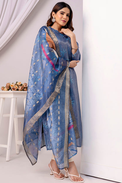 Women’s Shimmer Silk Printed Kurta with Dupatta