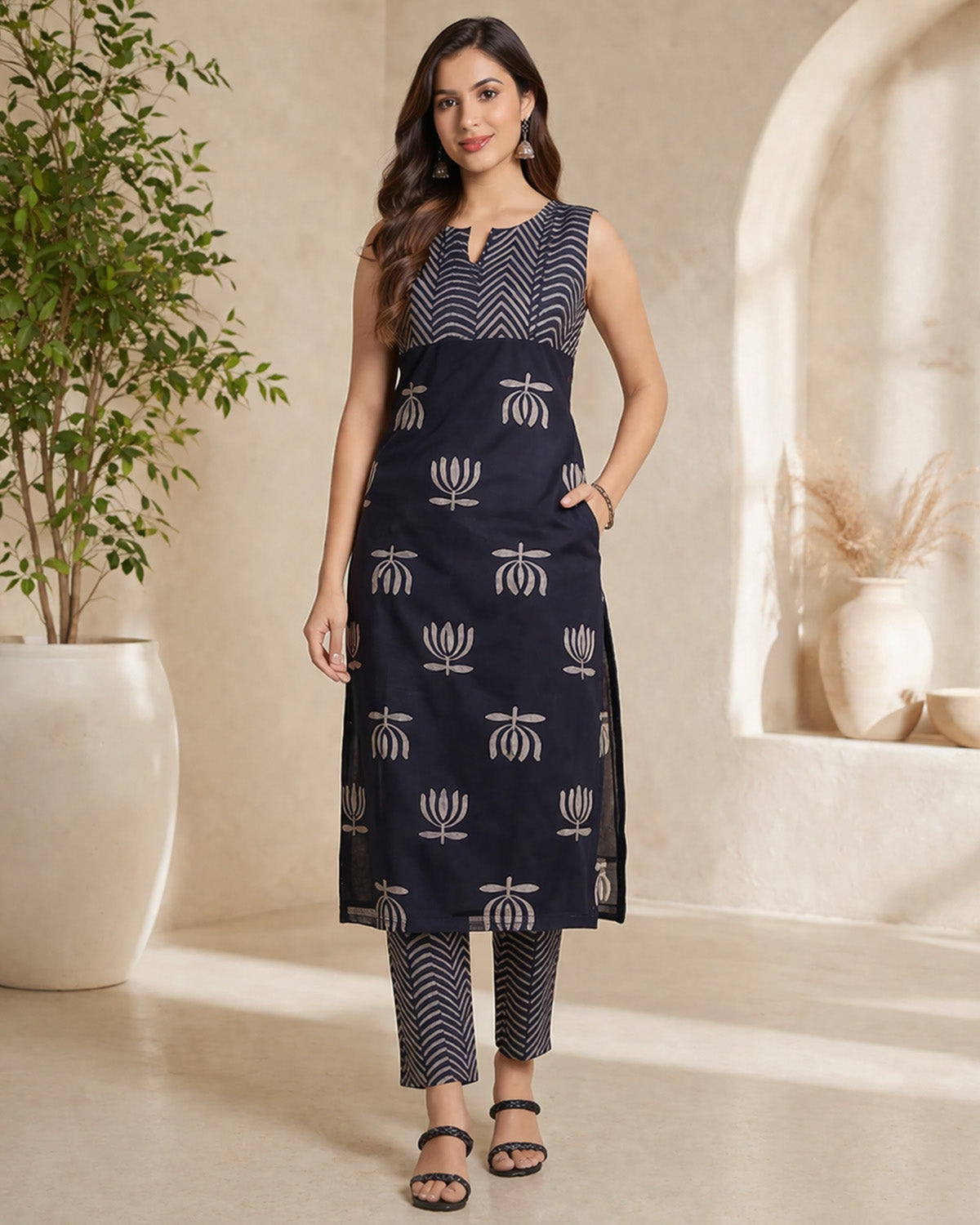 Women’s Rayon Butti Handblock Print Calf Length Straight Kurta Set