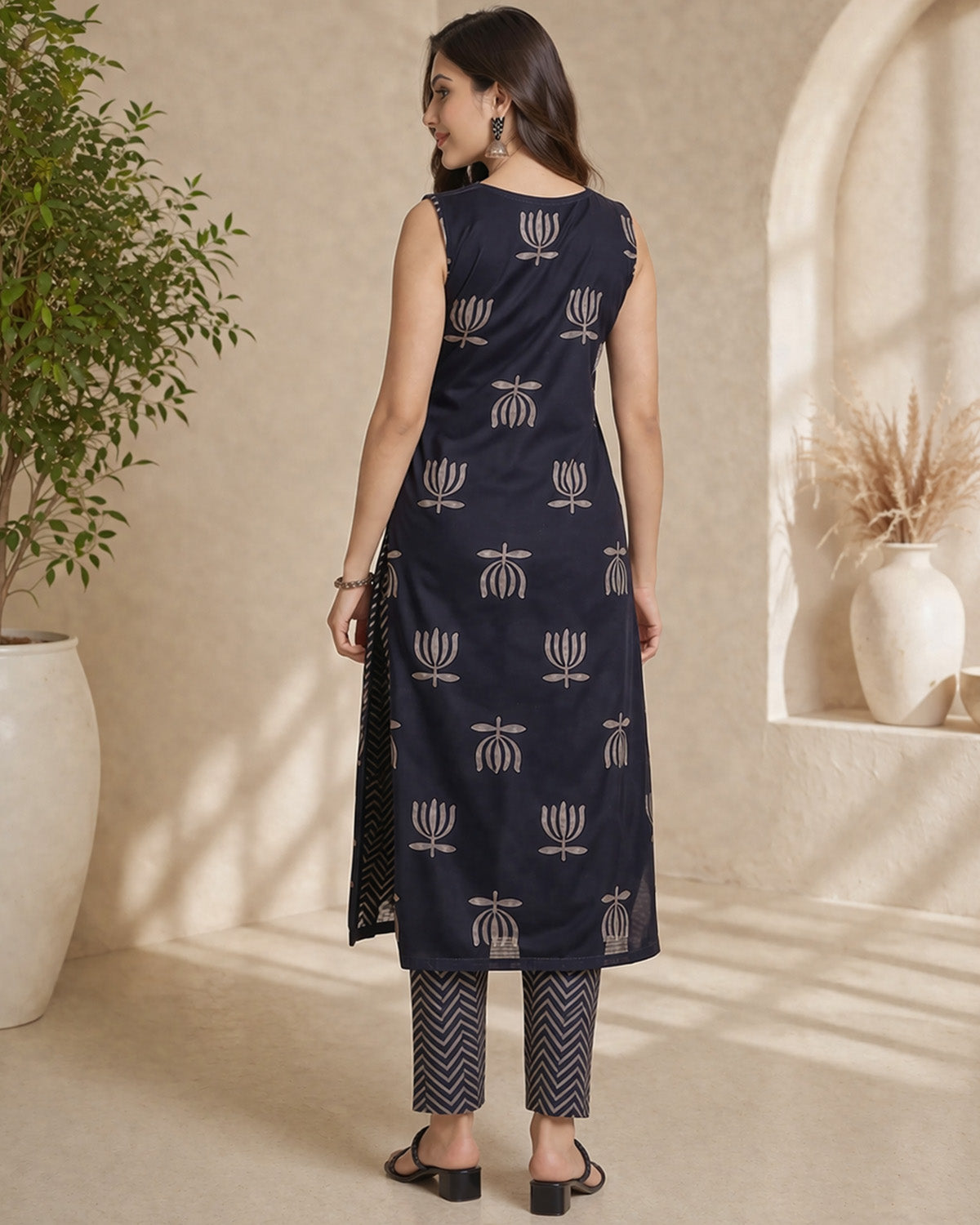 Women’s Rayon Butti Handblock Print Calf Length Straight Kurta Set