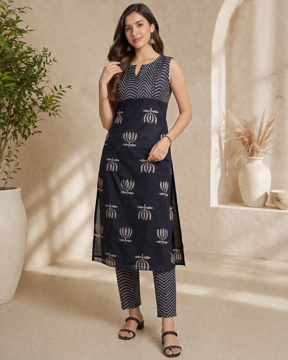 Women’s Rayon Butti Handblock Print Calf Length Straight Kurta Set
