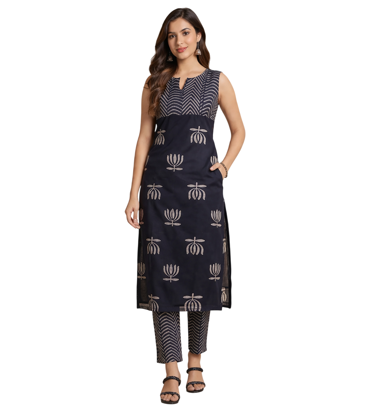 Women’s Rayon Butti Handblock Print Calf Length Straight Kurta Set