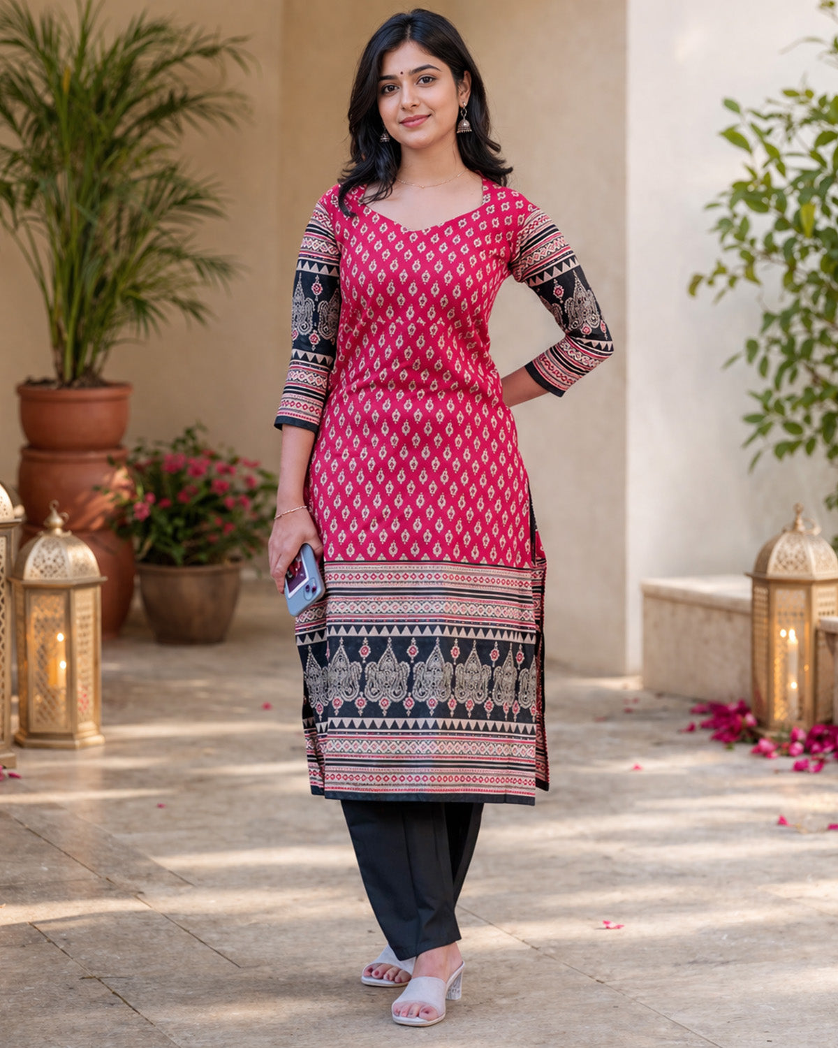 Women’s Rayon Ajrakh Block Print Kurta Set