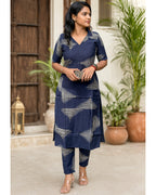 Women Blue Rayon Printed Kurta Set