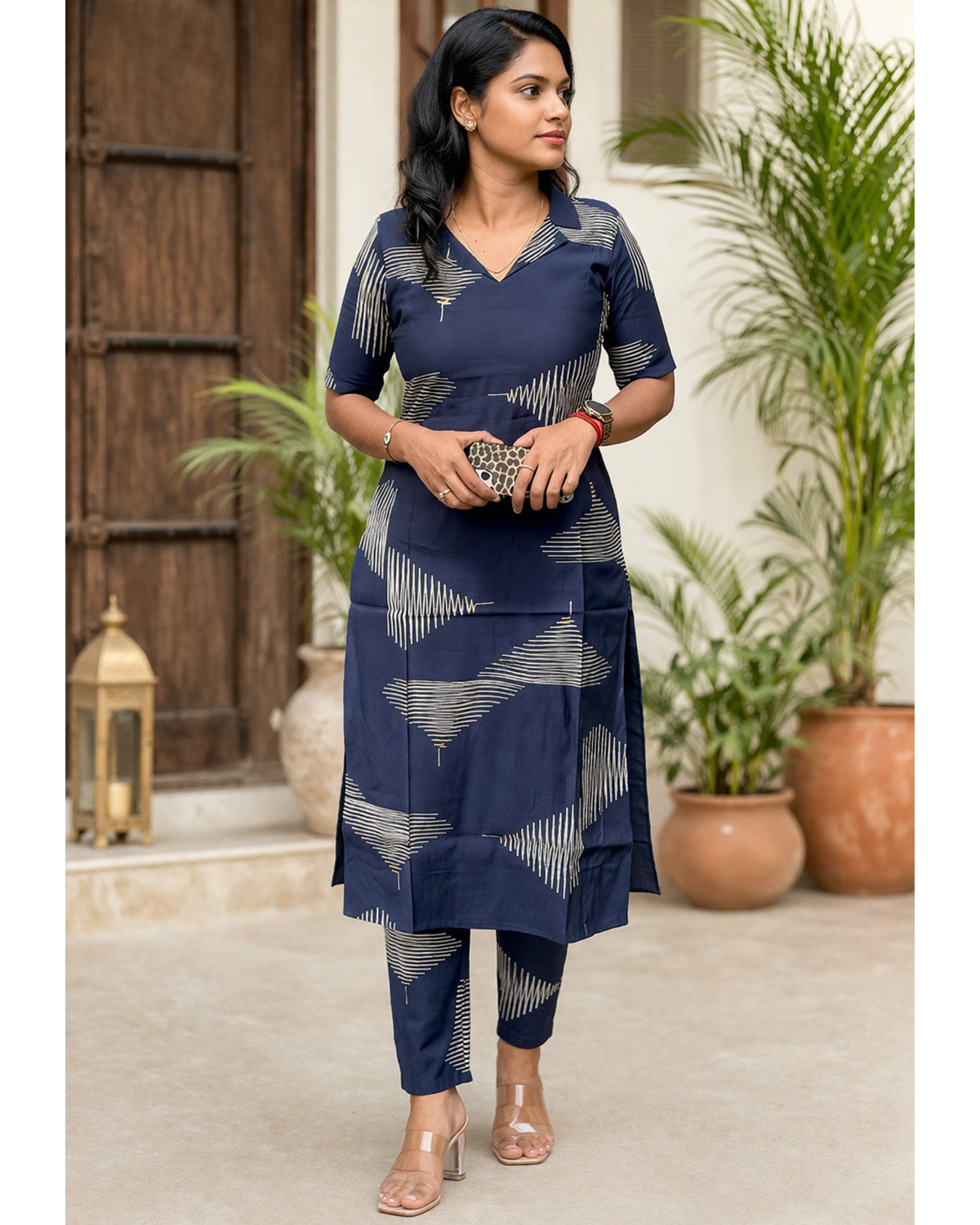 Women Blue Rayon Printed Kurta Set