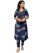 Women Blue Rayon Printed Kurta Set