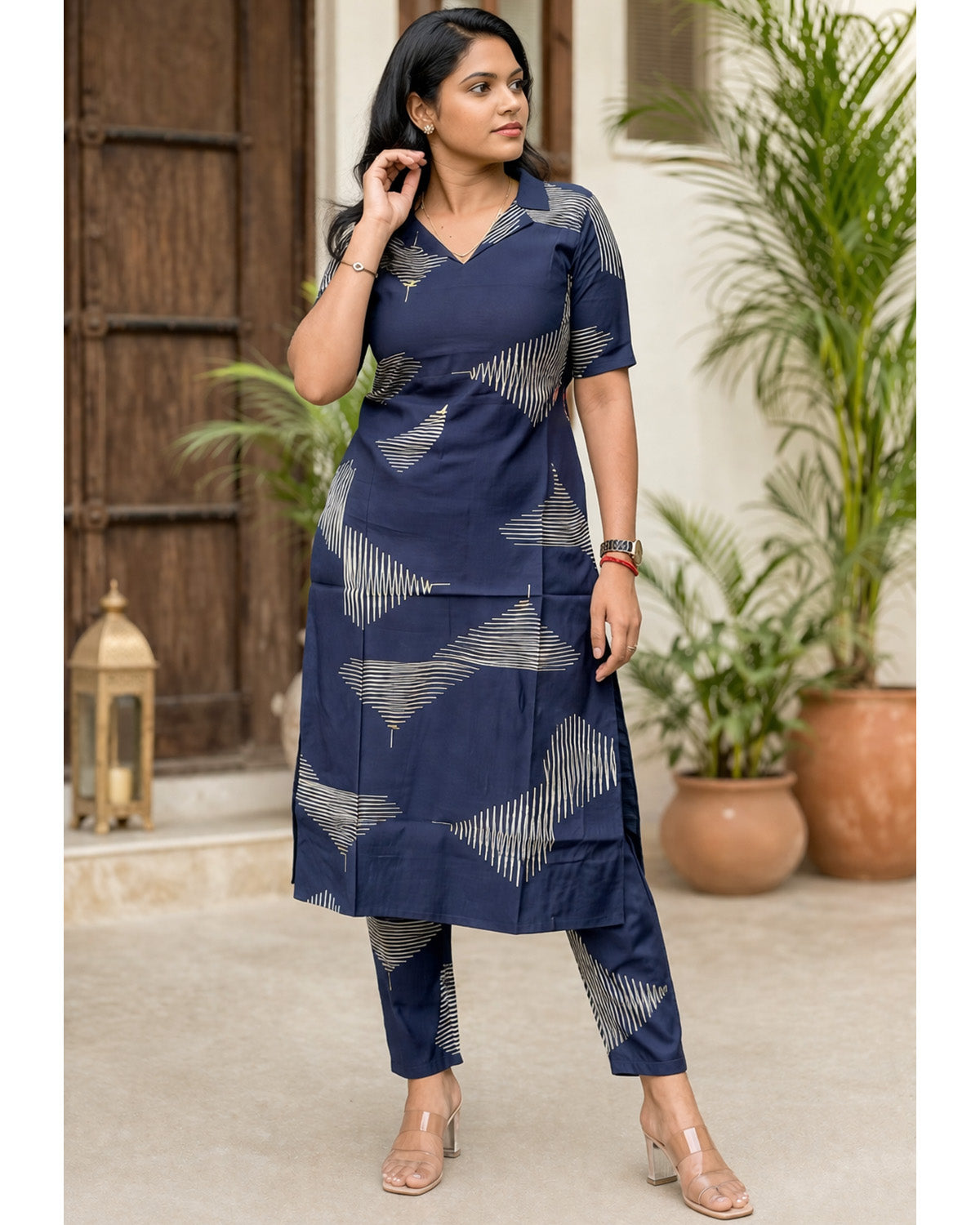 Women Blue Rayon Printed Kurta Set