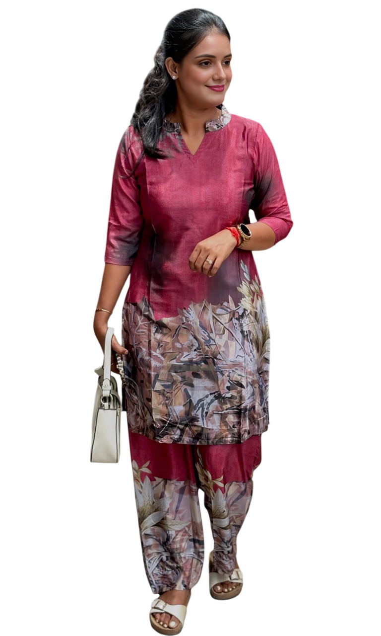Maroon Printed Cotton Blend Kurta Set for Women