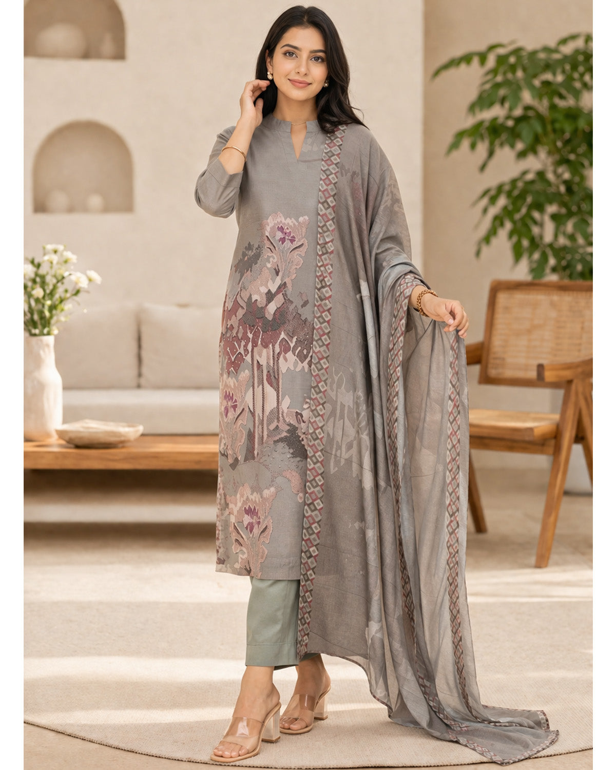 Women’s 3 Piece Cotton Blend Kurta with Pant & Dupatta