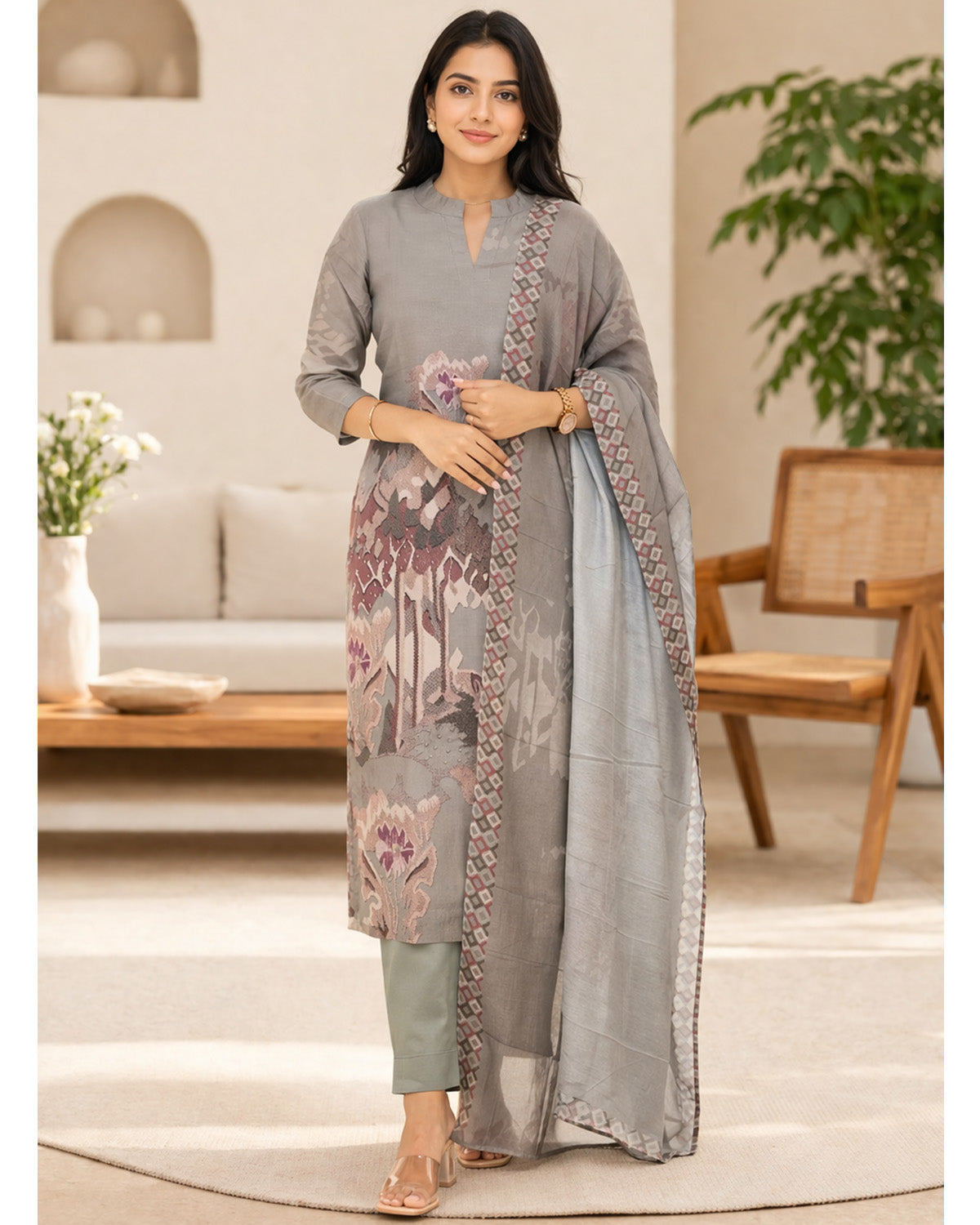 Women’s 3 Piece Cotton Blend Kurta with Pant & Dupatta