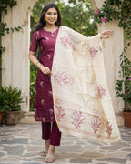Elegant Women’s 3 Piece Chanderi Silk Kurta with Pant & Dupatta