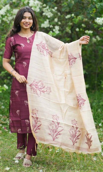 Elegant Women’s 3 Piece Chanderi Silk Kurta with Pant & Dupatta