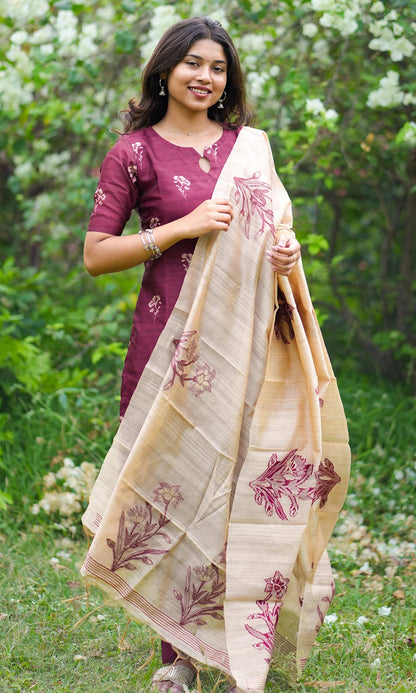 Elegant Women’s 3 Piece Chanderi Silk Kurta with Pant & Dupatta