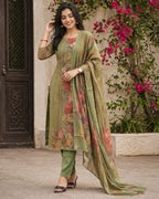 Olive Bloom Rayon Printed Kurta Set with Dupatta