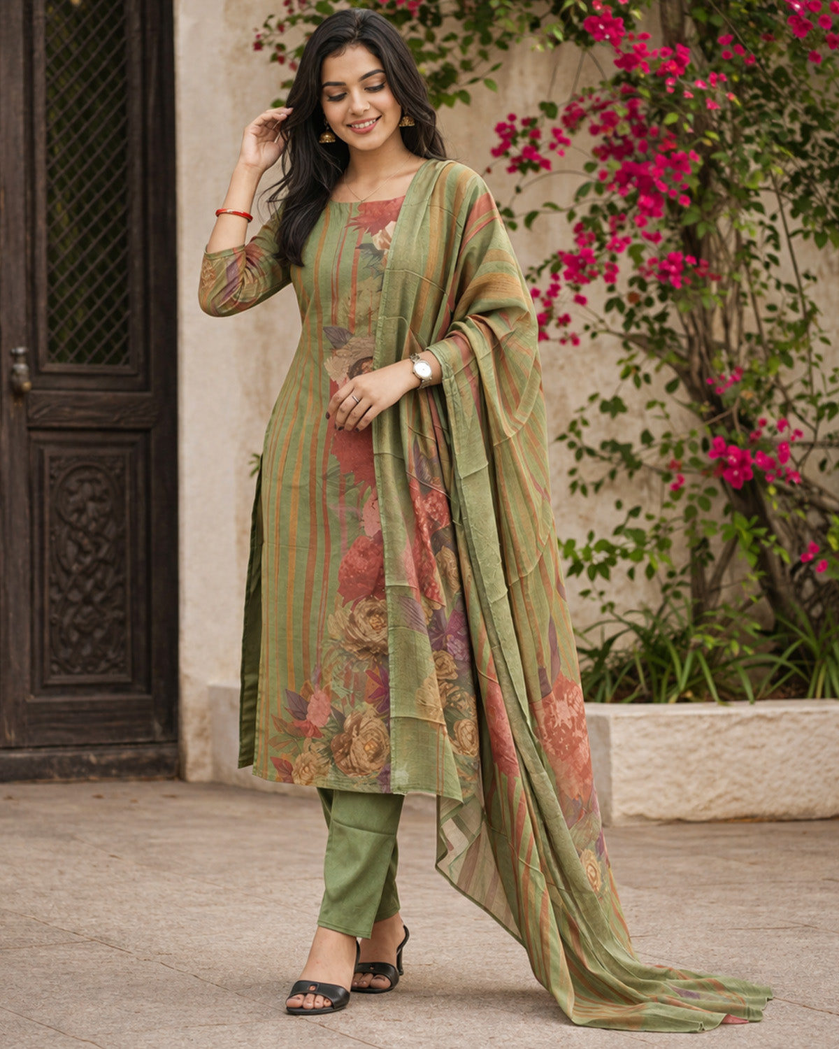Olive Bloom Rayon Printed Kurta Set with Dupatta