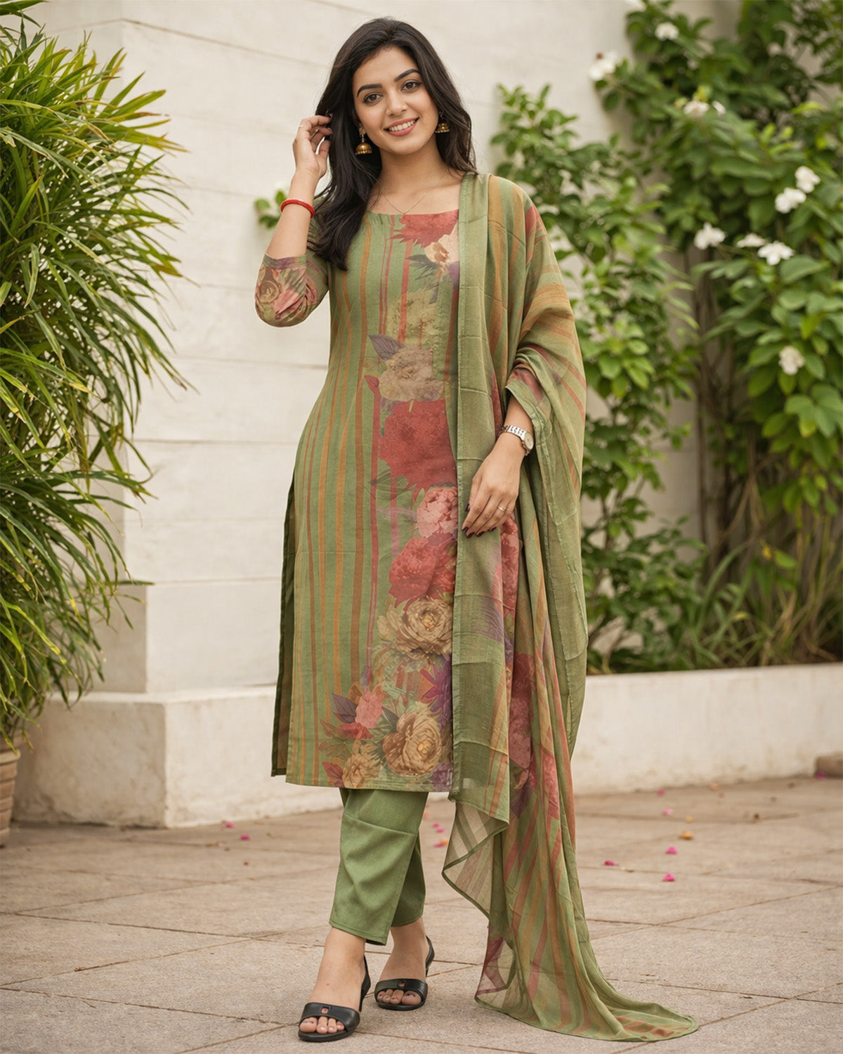 Olive Bloom Rayon Printed Kurta Set with Dupatta