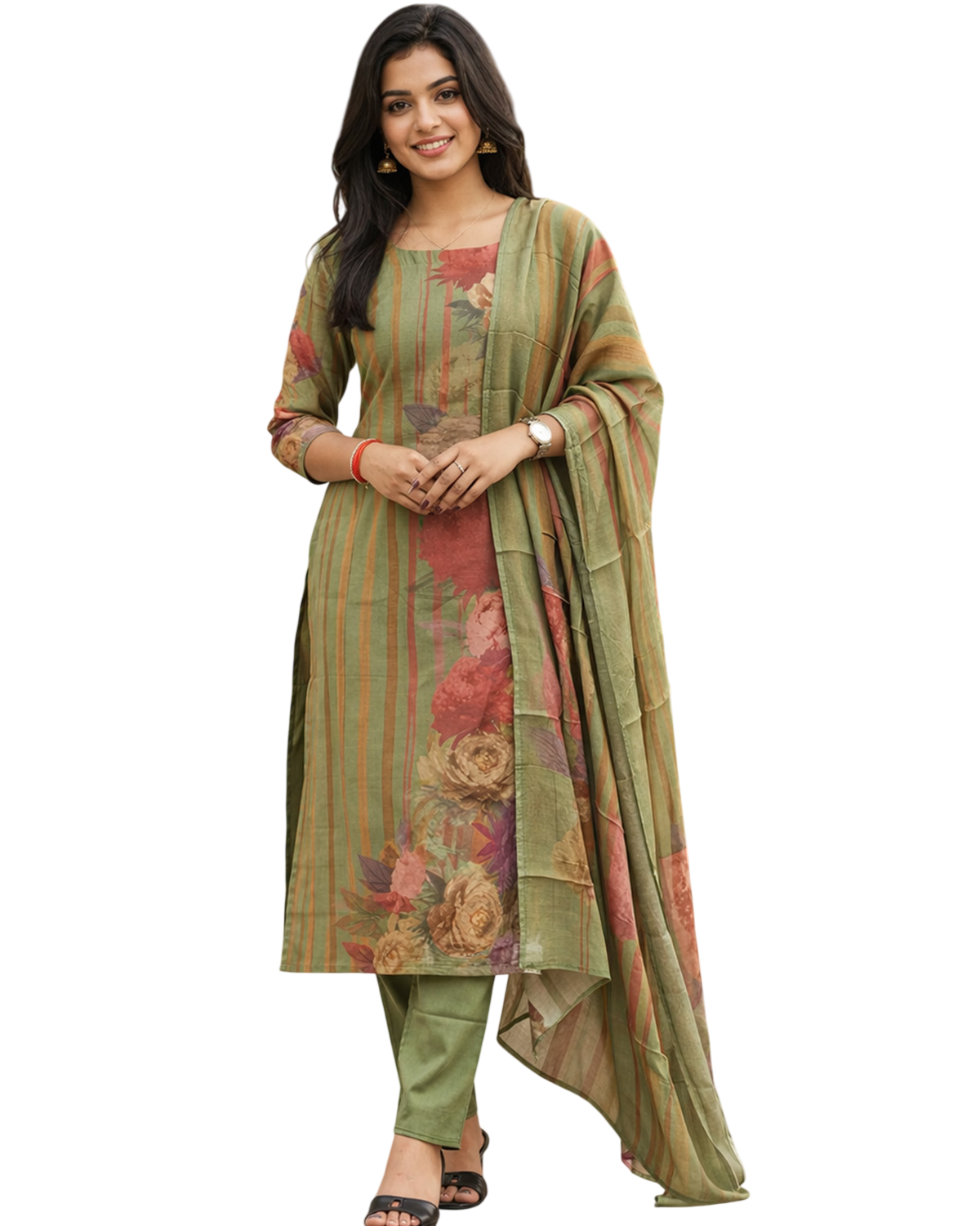 Olive Bloom Rayon Printed Kurta Set with Dupatta