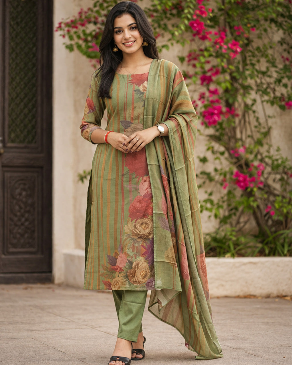 Olive Bloom Rayon Printed Kurta Set with Dupatta