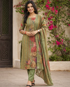 Olive Bloom Rayon Printed Kurta Set with Dupatta