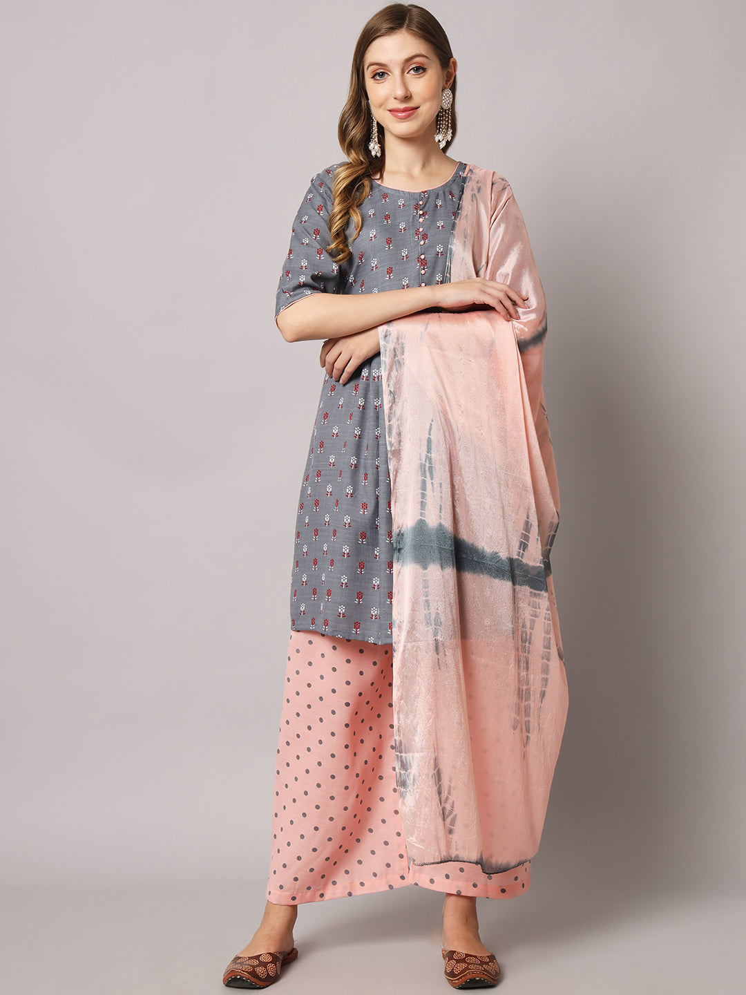 Cotton blend print kurta set with dupatta