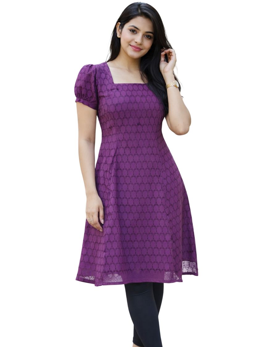 Women's Cotton Stitched A Line Chikan Emboidery Knee Length Kurta