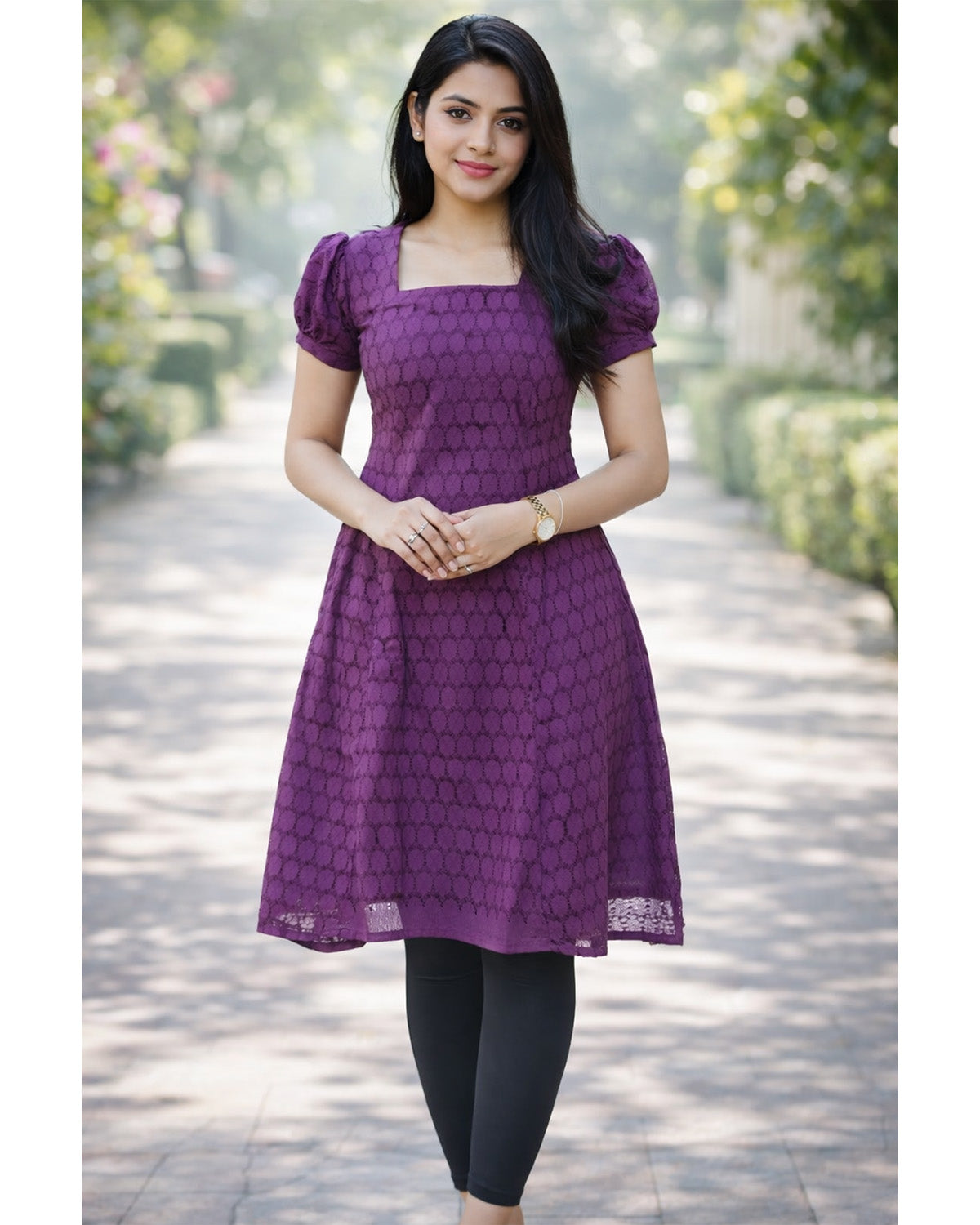 Women's Cotton Stitched A Line Chikan Emboidery Knee Length Kurta