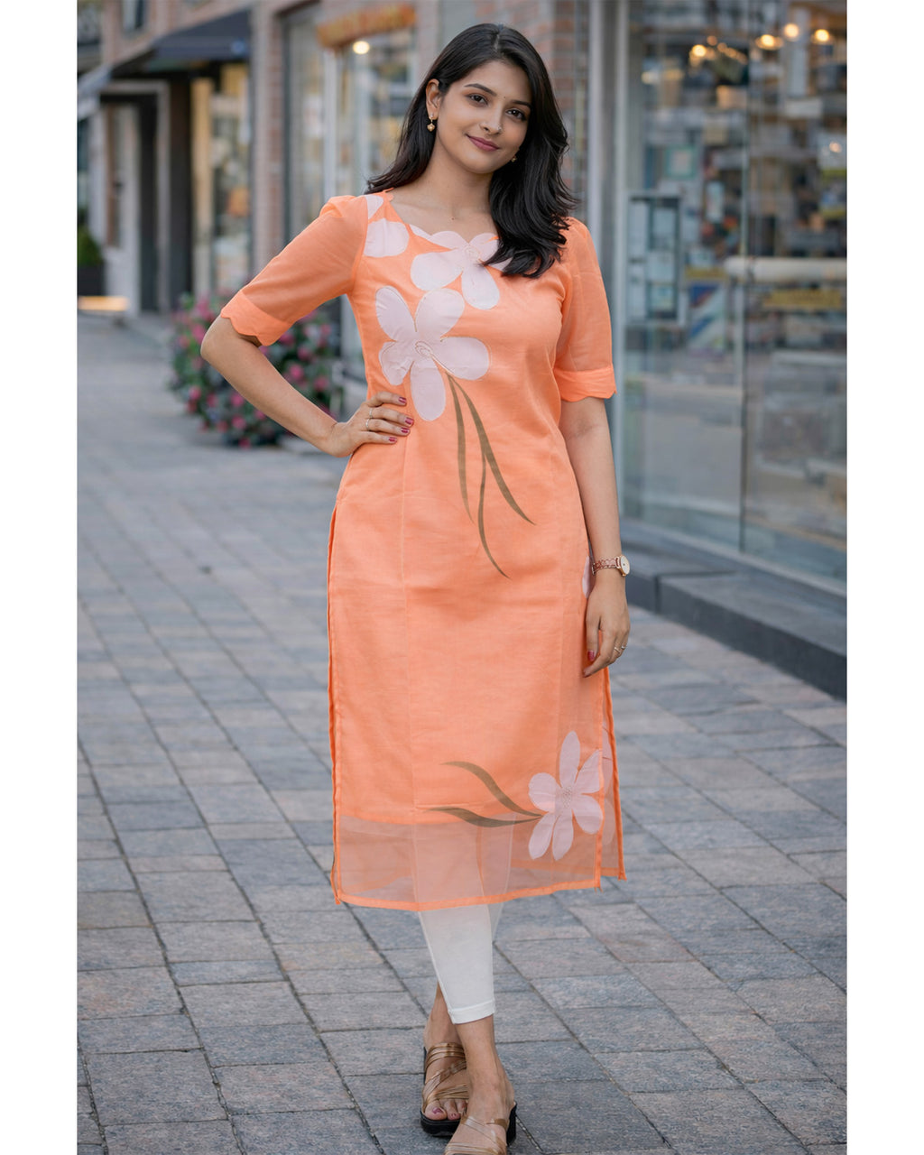 Women's Organza Stitched Printed Straight Kurta