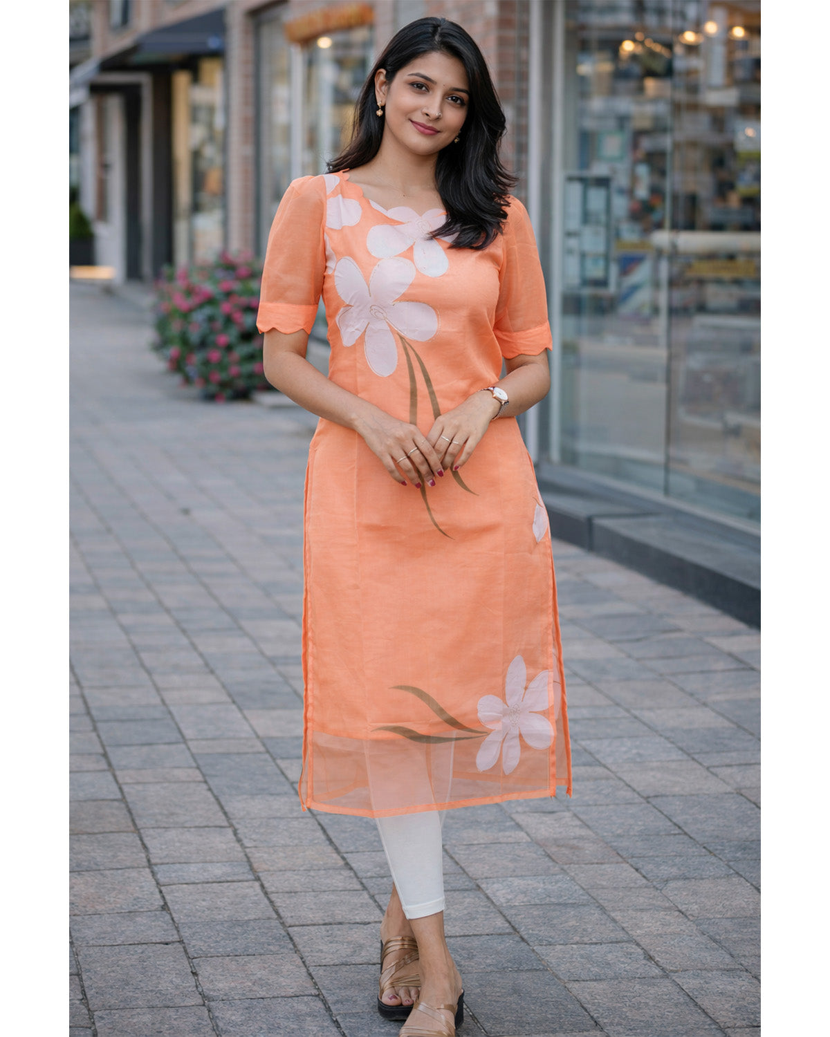 Women's Organza Stitched Printed Straight Kurta