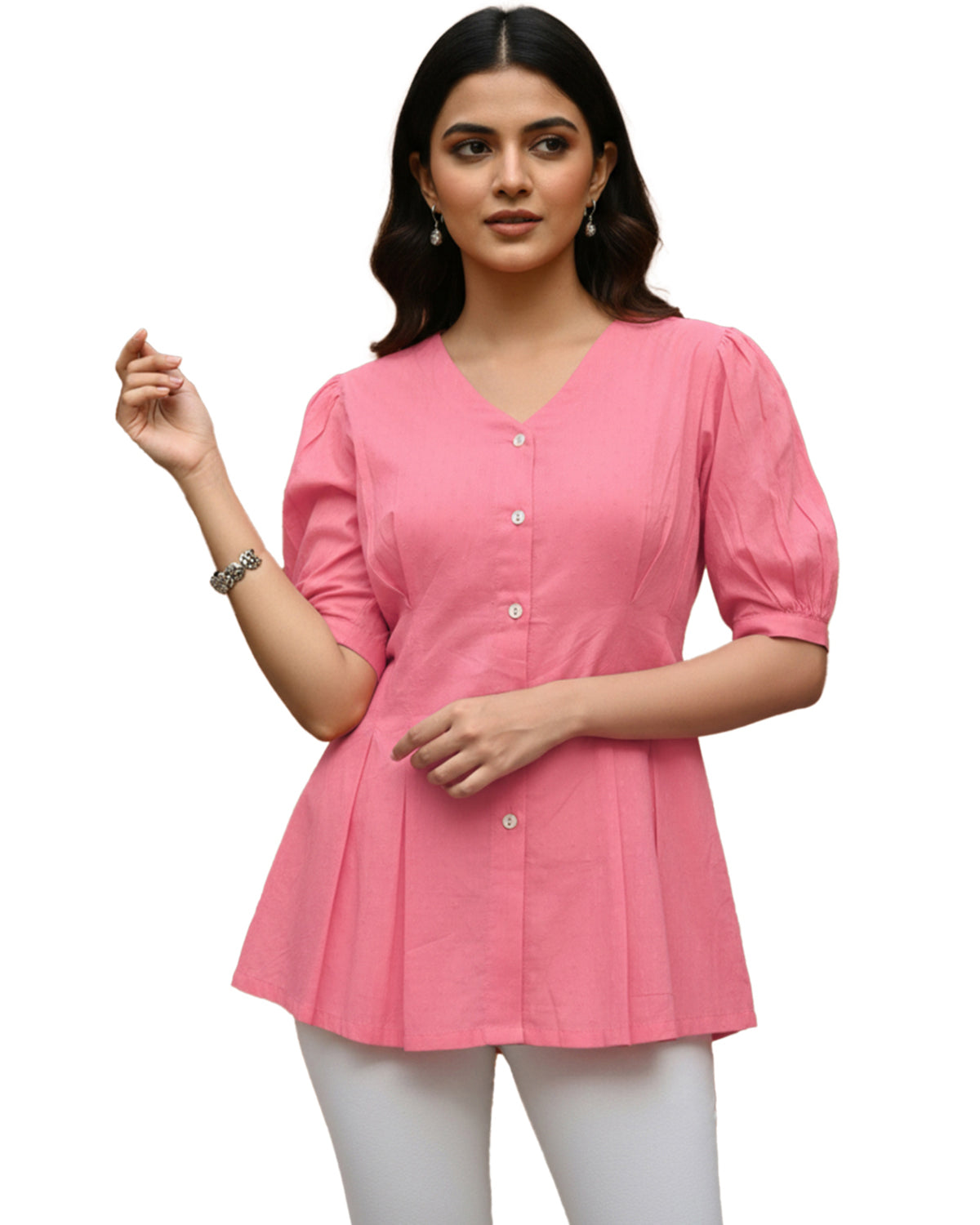 Women’s Peach Cotton V-Neck Peplum Tunic Top