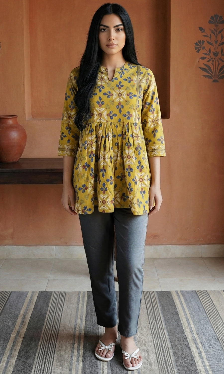 Women’s Cotton Floral Printed A-Line Tunic Top for Office Wear