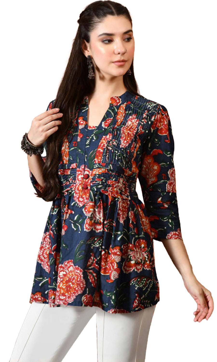 Women’s Cotton Floral Printed V-Neck Pleated Tunic Top