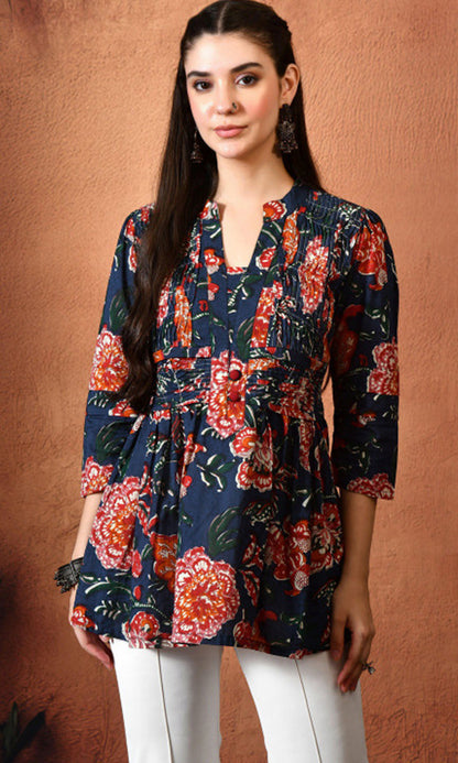 Women’s Cotton Floral Printed V-Neck Pleated Tunic Top